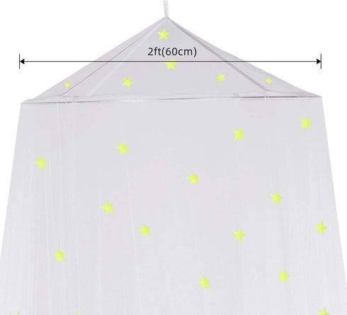 Bed Canopy Mesh Netting with Fluorescent Stars, Glow in Dark Hanging Dome Canopy for Single to King Size Beds, White