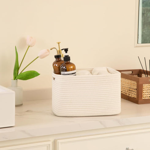 OIAHOMY 4 Pack Storage Baskets for Organizing, Woven Rectangle Baskets with Handles, 12.7''Lx9''Wx7.8''H, White