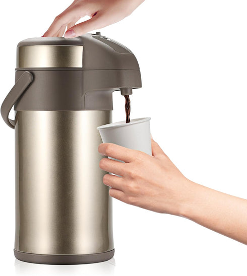 OJOJ 3L/101OZ Thermal Coffee Carafe with Pump, Stainless Steel Beverage Dispenser for Hot Drinks, Gold