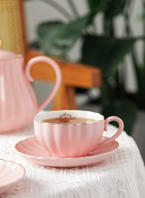 Set, Set 6 (8 oz)- Amazingware Royal Tea Cups and Saucers, with Gold Trim and Gift Box, British Coffee Cups, Porcelain