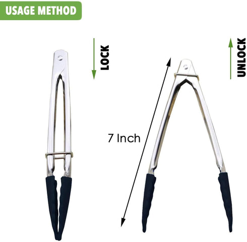 Mini Tongs with Silicone Tips, 7-Inch Kitchen Tongs, Set of 3 (Black)