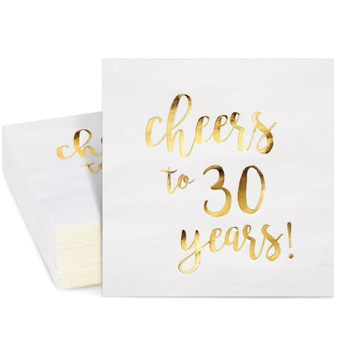 Juvale Cheers to 30 Years Cocktail Napkins, 5 x 5 In, 3-Ply White & Gold Foil, 50 Pack
