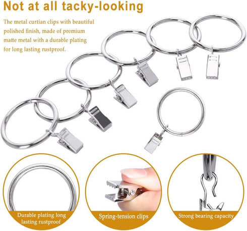 44 Pack Curtain Rings with Clips Hooks | Silver Drapery Clips with Rings, Stainless Steel Metal, 1.5 inch