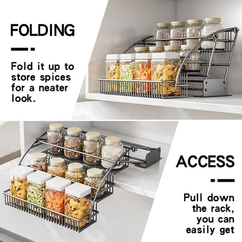 3-Tier Shelf(27.5cm/10.8in) Pull Down Spice Rack Organizer for Inside Cabinet Pantry Expandable Display Riser Shelf