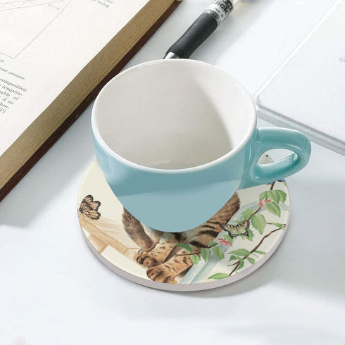 Set 6, 4 Inch Cat with Butterflies Coasters for Drinks of Absorbent Diatomite Ceramics Coasters for Coffee Table