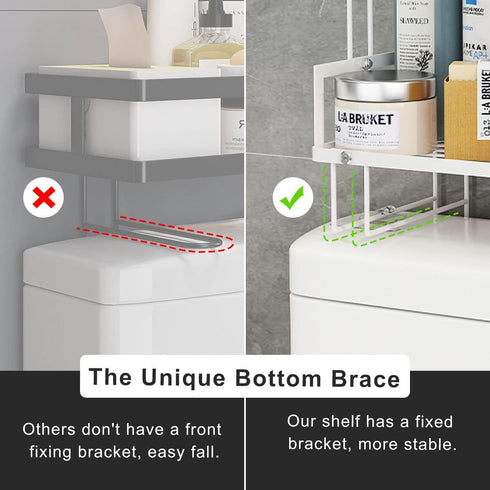 Over The Toilet Storage Shelf, 2-Tier Bathroom Organizer, Punch-Free Home Storage Rack with Hooks, White