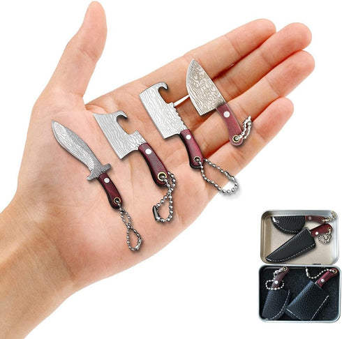 HAOXU Mini Pocket Knife Set, Damascus Tiny Knife for Beer Bottle Opener, Package Box Cutter, Necklace Knife - 4pcs