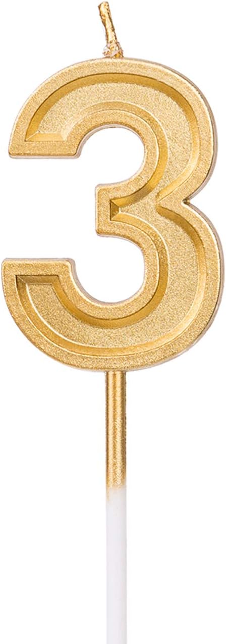 Luter Gold Glitter Happy Birthday Cake Candles, Number 3 Birthday Candle Topper Decoration