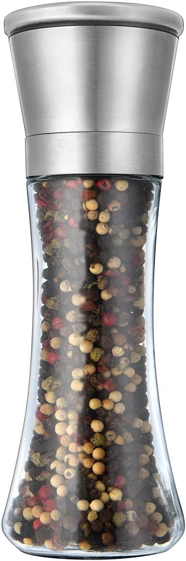 Pepper Grinder or Salt Grinder with Adjustable Coarseness, Ceramic Blades, Refillable Tall Glass Body (6OZ, 7.5")