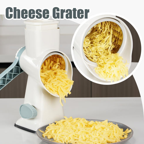 KEOUKE Rotary Cheese Grater with Handle, Vegetable Cheese Shredder Slicer for Kitchen, 3 Changeable Blades