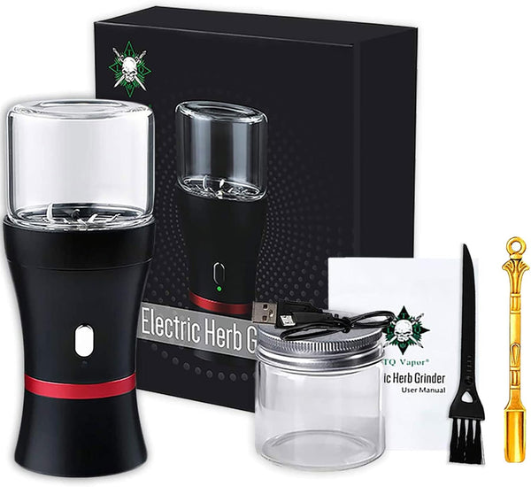 Electric Herb Grinder, Compact Size, Fast Grinding, USB-Rechargeable with 2 Glass Herb Jars and Mini Shovel