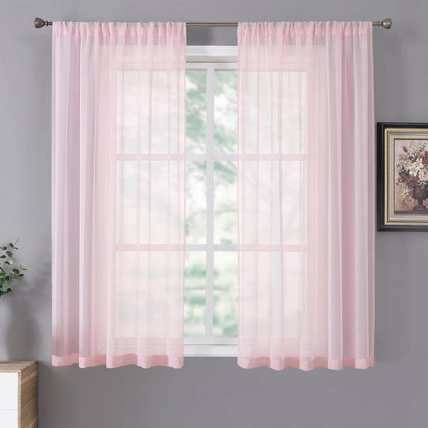 Tollpiz Sheer Curtains Set of 2 Panels | 54 x 63 inches Pink Linen Textured Light Filtering Voile Curtains for Living