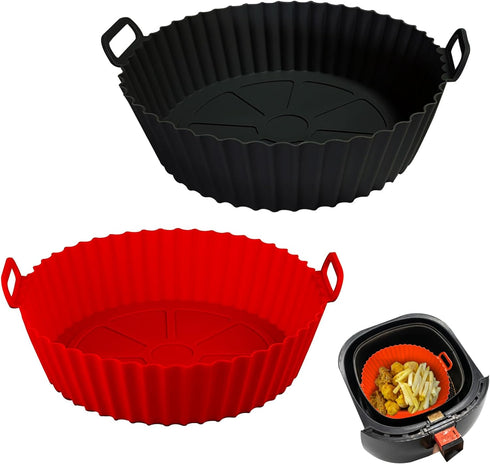 Air Fryer Silicone Pot, Silicone Basket Bowl for 3 to 5 Qt Air Fryer Oven, Reusable Baking Tray (Red+Black)