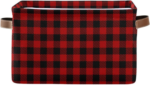 Christmas Red Buffalo Plaid Storage Basket, Fabric Laundry Baskets for Winter Holiday Decorations, 16×12×8 Inches