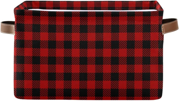Christmas Red Buffalo Plaid Storage Basket, Fabric Laundry Baskets for Winter Holiday Decorations, 16×12×8 Inches