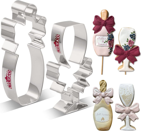 LILIAO Stainless Steel Champagne and Champagne Glass with Ribbon Cookie Cutter for Wedding/Engagement