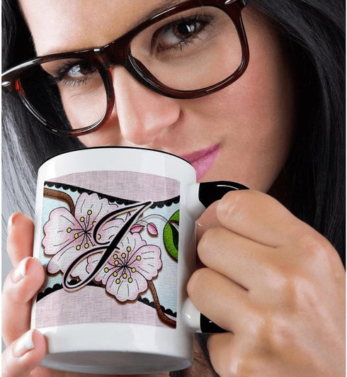 3dRose Cherry Blossom Flower Monogram Initial J Mug, Two Tone, 11 oz, Black/White