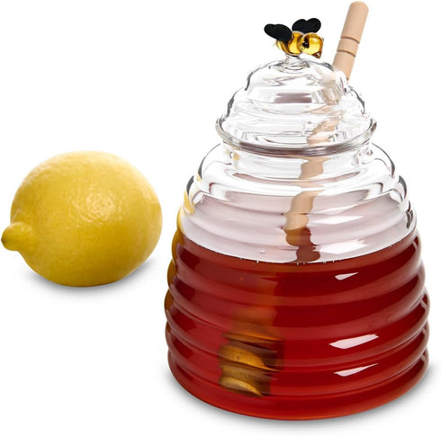 HIC Kitchen Glass Honey Jar with Lid and Honey Dipper, Borosilicate Glass and Beechwood