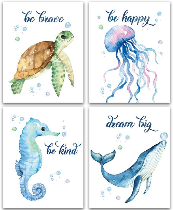 Lovely Inspirational Words Watercolor Art Print Set of 4, Sea Marine Life Wall Poster for Kids Room Decor