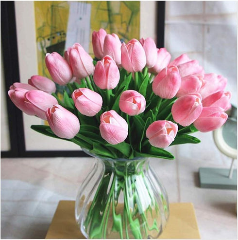 Artificial PU Tulips 10Pcs - Real Touch Fake Flower Arrangement Bouquets for Home Office Wedding Decoration (Pink)