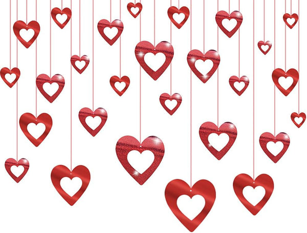 JOZON 40 Pieces Valentine's Day Glitter Heart Foil Hanging Decorations - Red Hearts Hanging Ornaments for Party Supplies