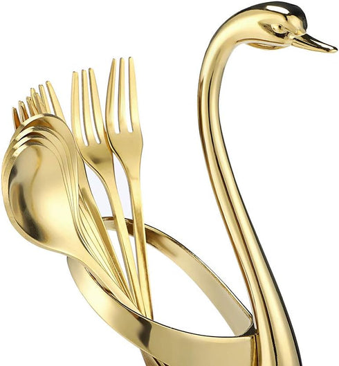 AnSaw Gold Swan Base Holder Set with 10 Pcs Mini Leaf Teaspoons & Dessert Forks - Perfect for Appetizers, Salads