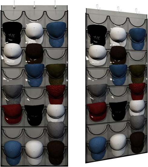 Unjumbly Baseball Hat Rack - 24 Pocket Over-The-Door Organizer with Clear Deep Pockets & 3 Hooks (Grey, 24 Pockets)