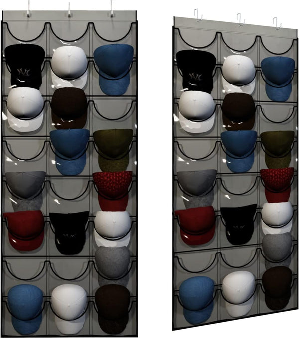 Unjumbly Baseball Hat Rack - 24 Pocket Over-The-Door Organizer with Clear Deep Pockets & 3 Hooks (Grey, 24 Pockets)