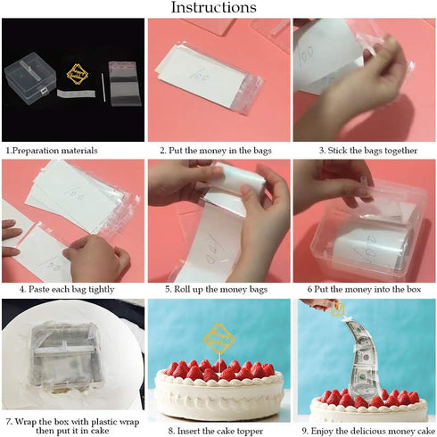 Money Pull Out Kit - Birthday Money Box with 1 Pcs Happy Birthday Cake Topper and 20 Transparent Bag Pockets