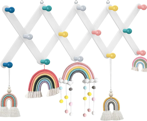 Suzile Expandable Kids Coat Rack, Cute Wooden Hanger for Toddler, Rainbow Accordion Wall Mount for Backpack