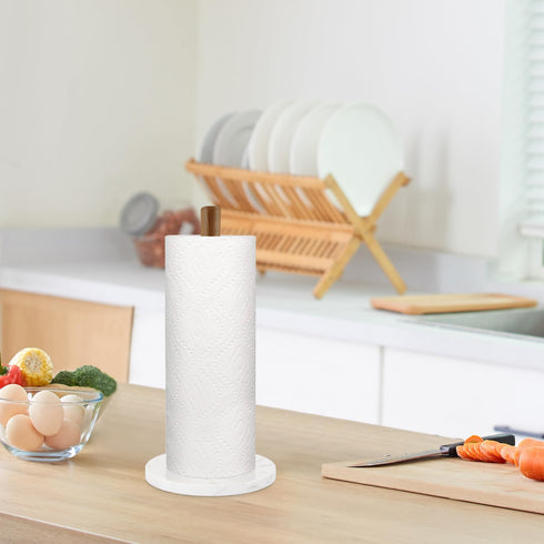 Buruis Wood Paper Towel Holder, Marble Base Decorative Countertop Stand for Kitchen and Bathroom