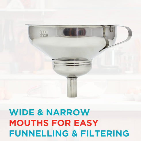 Zoie + Chloe 3-in-1 Stainless Steel Funnel Set - Kitchen Funnels with Detachable Fine Mesh Filter & Strainer