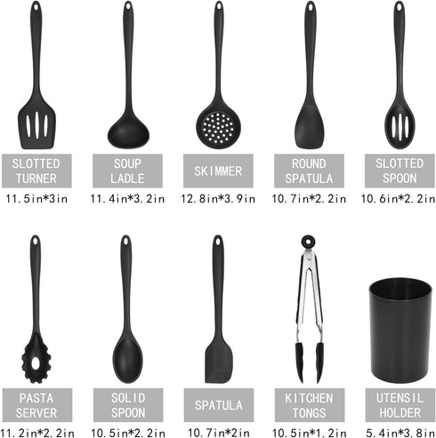 Silicone Kitchen Utensils Set of 10 for Cooking Serving & Nonstick Cookware, Slotted Turner, Soup Ladle, Skimmer, Round Spatula, Slotted Spoon, Pasta Server, Spoon, Spatula, Tongs & Holder by GreatChef