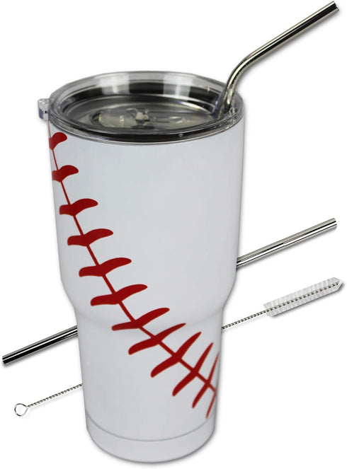 Urbanifi 30 oz Baseball Tumbler with Straw, Lid, and Cleaner | Stainless Steel Insulated Travel Coffee Mug