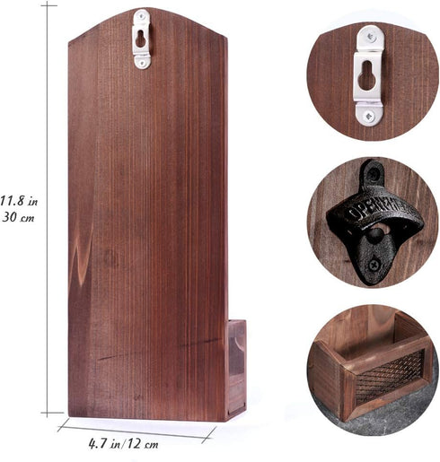 Vintage Wooden Wall Mounted Bottle Opener with Cap Collector Catcher, Ideal Gift for Beer Lovers