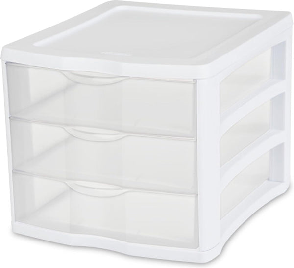 Sterilite 3 Drawer Desktop Storage Unit, White with Clear Drawers, Tabletop Organizer, 4-Pack