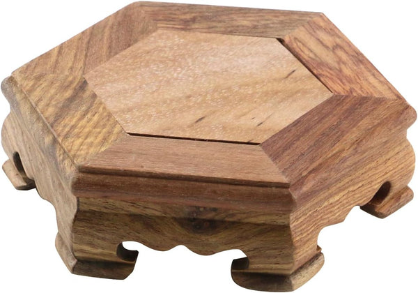 Wooden Display Stand Base 4.65" x 1.38" Hexagonal Wood Carved Pedestal Oriental