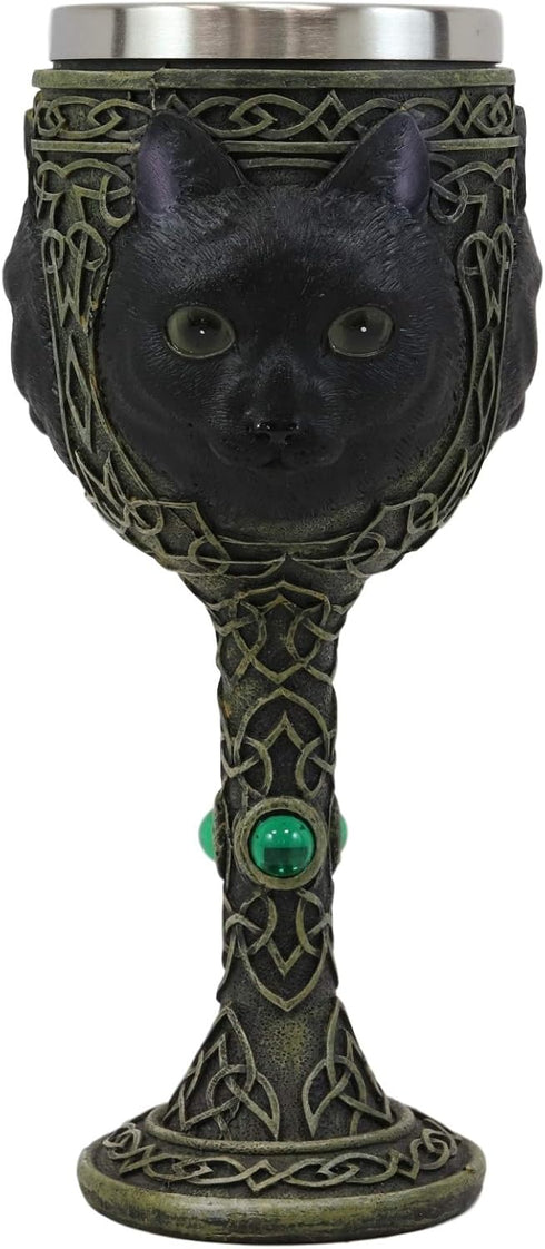 Ebros Wicca Mystical Witching Hour Black Cat Wine Goblet, 7oz Celtic Beverage Chalice with Green Gems