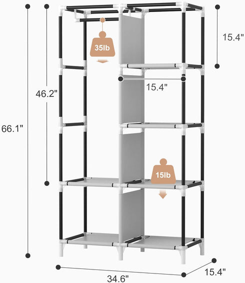 ROJASOP Portable Closet Wardrobe for Hanging Clothes, 6 Storage Shelves, 1 Hanging Rod, Free Standing Organizer