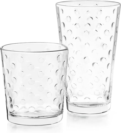 Libbey Awa Tumbler and Rock Glasses Set - Elegant Polka Dot Drinking Glasses, 16 All Purpose Cups for Events