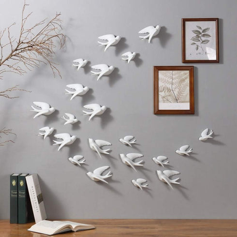Pair of Ceramic Birds, White Wall Mounted Decor for Bathroom, Living Room, Garden Sculptures, Small