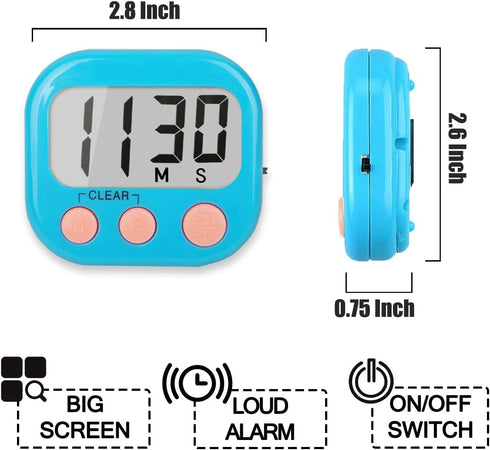 2 Pack Kitchen Timers, Loud Ring Digital Timers for Cooking, Magnetic Blue