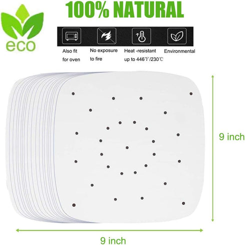 Air Fryer Parchment Paper, 200pcs 9 Inch Perforated Unbleached Square Liners for Easy Cleanup