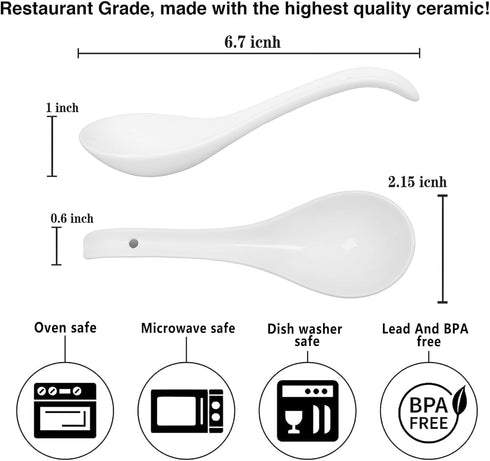 Bright White 6.7 inch Asian Soup Spoons Set of 10, Ultra-fine Porcelain Tablespoon, Chinese/Japanese Kitchen Soup Spoons for Cereal, Small Spoons for Ramen Pho - Deep Oval Hook Design