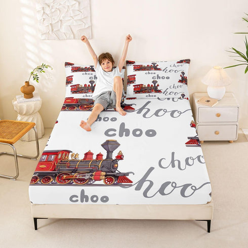 Set Set Cartoon Car Bed Sheet Kids Train Fitted Sheet Boys Girls Choo-Choo Rail Roads Tracks Decor Bedding Microfiber
