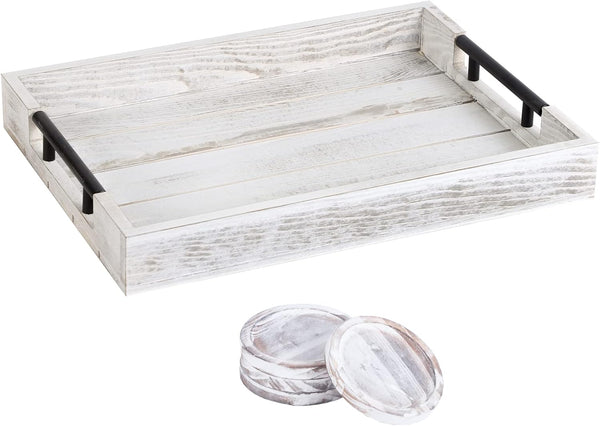 Wooden Serving Ottoman Tray With 4 Coasters, Breakfast Tray With Handles, Home