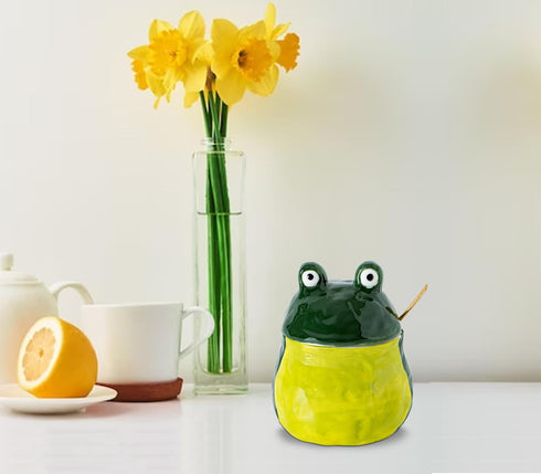 dgudgu Countertop Countertop Frog Salt Cellar With Lid And Spoon Ceramic Salt Container Green Salt Box Cute Salt
