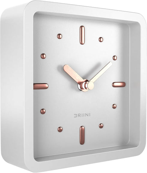Driini Modern Mid Century Desk & Shelf Clock, White Rose Gold, Battery Operated with Silent Analog Movement