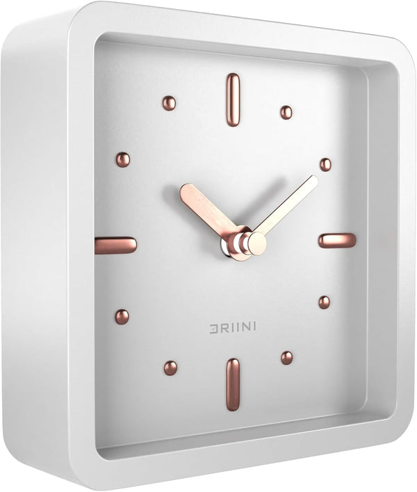 Driini Modern Mid Century Desk & Shelf Clock, White Rose Gold, Battery Operated with Silent Analog Movement