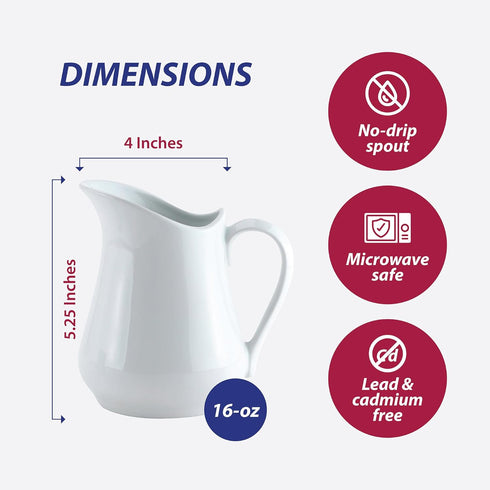 HIC Kitchen Creamer Pitcher with Handle, Fine Porcelain, 16-Ounce